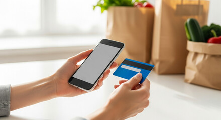 Female hands holding credit card and phone, Grocery delivery and online shopping in modern kitchen