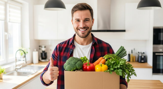 Man showing thumbs up with grocery box, grocery delivery and healthy eating in home kitchen