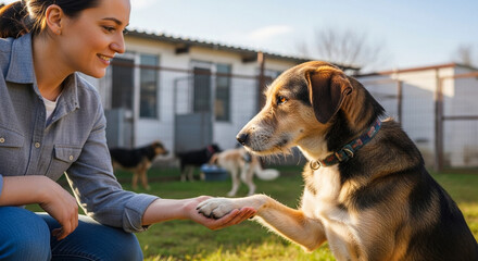 Dog reaching paw to volunteer in animal shelter yard, pet adoption and human-animal bond