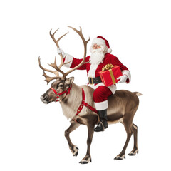 Santa Claus sit on reindeer on white transparent background, PNG