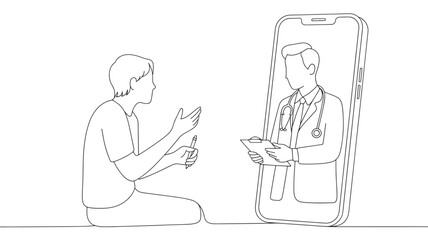 Online doctor consultation a man talking to a doctor on a smartphone screen vector line art illustration for telemedicine and healthcare