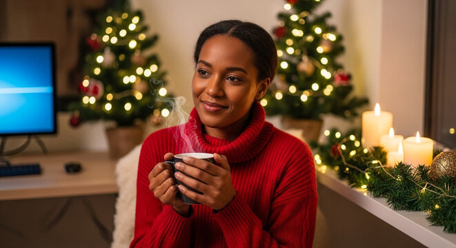 Woman taking a coffee break near Christmas tree, festive relaxation and holiday season ambiance in cozy office