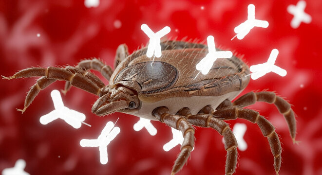 Tick attacked by antibodies on red background, 3D microscopic illustration of immune system response and biological defense