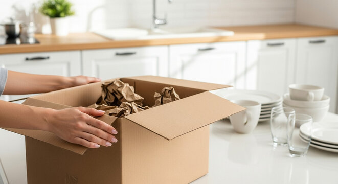 Female hands holding cardboard box in bright kitchen, moving day and home relocation concept