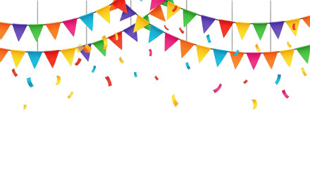 Colorful bunting flags and confetti for festive celebrations. PNG, Triangle flag bunting with confetti — cheerful festival decoration