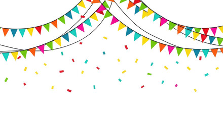 Colorful bunting flags and confetti for festive celebrations. PNG, Triangle flag bunting with confetti — cheerful festival decoration