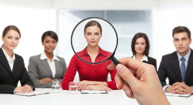 Recruiter assessing job applicants with magnifying glass in office, talent selection and employment in human resources