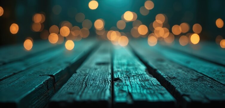 Rustic teal wooden planks surface with warm golden bokeh lights background. Abstract texture provides backdrop for product display decorative elements. Suitable for moody, vintage, elegant themes.