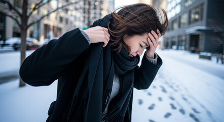 Woman adjusting scarf against cold wind, winter commute