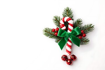 Christmas candy cane with fir branches isolated on white background