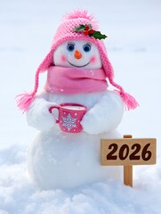 Cute snowman in pink hat and scarf holding mug 2026