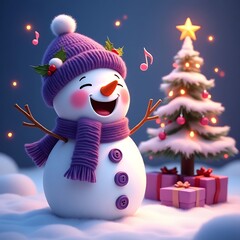Cute snowman singing carols next to a christmas tree