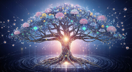 symbolic image of growing tree with circuit board branches — innovation and knowledge