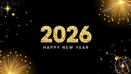 Happy new year 2026 with golden fireworks and glitter
