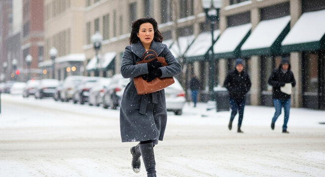 Woman rushing across snowy street, winter commute and urban transportation in cold weather conditions