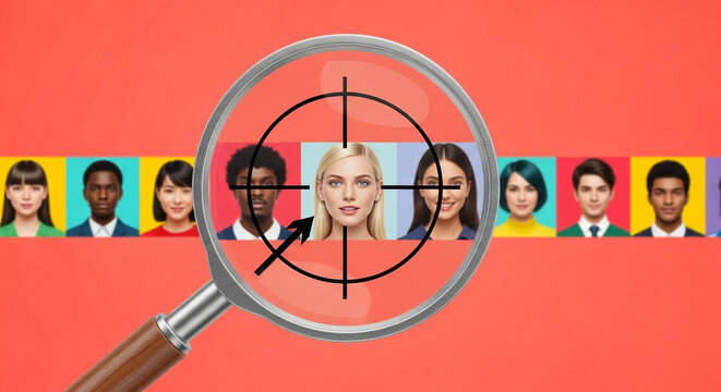 Magnifying glass over diverse portrait lineup with target, talent recruitment and diversity in hiring - Powered by Adobe