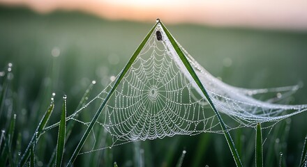 Close up of a spiderweb covered in dew drops strung between blades of grass at sunrise or sunset