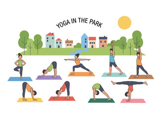 Flat vector illustration of an outdoor yoga class featuring young women in sportswear practicing together in a city park, promoting a healthy lifestyle and active recreation through open‑air workouts