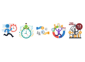 Fototapeta premium A flat vector illustration depicting the concept of people interacting with time, featuring a collection of men and women in business, their schedules, earnings, self‑organization, missed