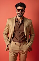Obraz premium Stylish man stands in suit and shades. Male model poses with confidence in formal wear against red backdrop. Modern fashion portrait. Suave man exudes cool charisma, demonstrates elegance and style.