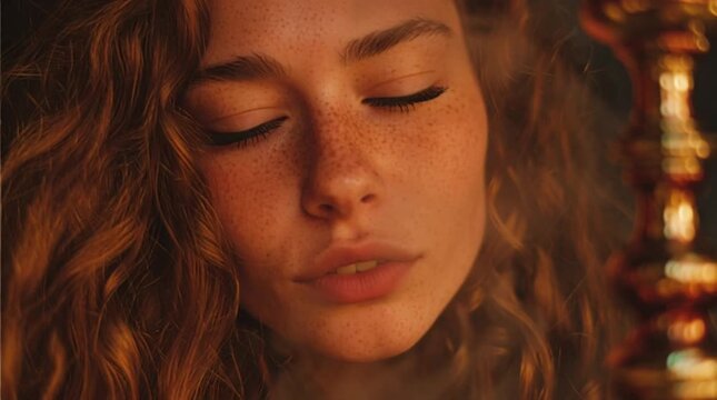 Intimate Portrait of a Young Woman with Curly Hair, Soft Lighting, and Serene Expression Enjoying Hookah