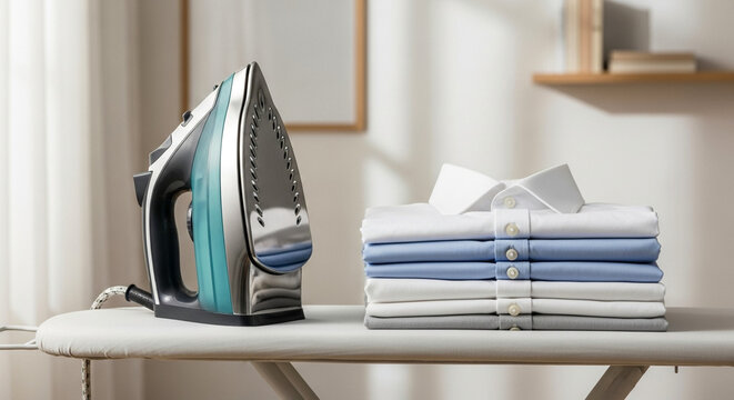 Iron and neatly folded shirts on ironing board, home laundry and garment care in bright minimalist interior