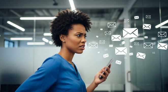 Woman overwhelmed with emails, frustrated professional holding smartphone in modern office, digital stress and information overload - Powered by Adobe