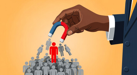 African-American hand using magnet to attract red and gray people symbols, leadership and recruitment concept in business strategy