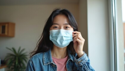 Young asian woman removes blue face mask indoors at home. Girl smiles looking at camera with hope after vaccination. Female after coronavirus isolation. She wears jeans jacket and pink t-shirt.