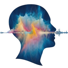 A human head silhouette filled with colorful smoke and sound waves, isolated on transparent background, symbolizing mind, sound, and creativity