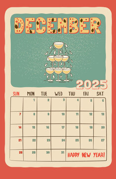 December Calendar Page Retro Design. Stacked Glasses with Festive Typography, Cones and Stars