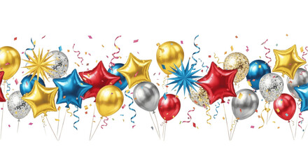 celebration party PNG,  border with colorful flying balloons and confetti on transparent background.