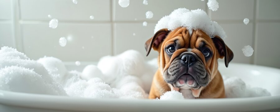 Cute bulldog puppy takes a bath in bathtub. Dog bathes with foam and bubbles. Grooming of pet hygiene and care. Dog looks happy at white background. Fluffy animal.