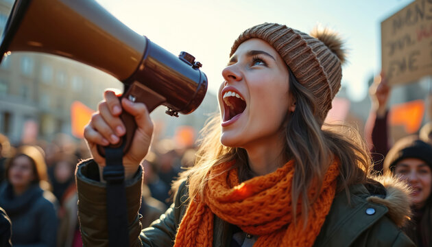 Young woman speaks into megaphone at a protest. She wears a hat and scarf shouting with open mouth. Crowd gathers in city street protesting for rights. - Powered by Adobe