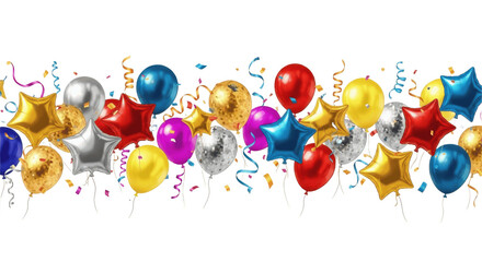 celebration party PNG,  border with colorful flying balloons and confetti on transparent background.