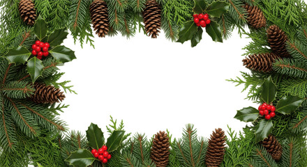 Vector Christmas decoration. Christmas tree border with holly berries. transparent background, PNG