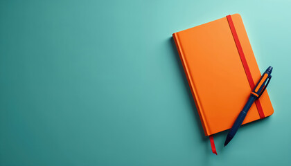 Vibrant orange notebook with red elastic band, blue pen sits on clean teal background. Minimalist layout provides space for text. Represents study, planning, new goals, school supplies. Perfect for