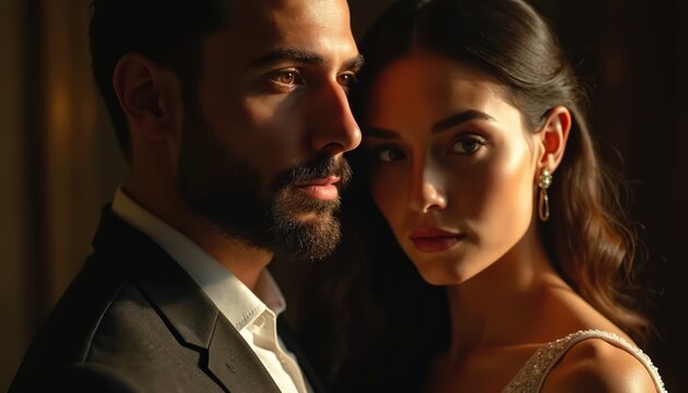 Portrait of beautiful couple. Man looks ahead, wears suit. Woman with earrings gazes into camera. Romantic pair poses close to. Studio shot of fashion models. Relationship concept for dating website.