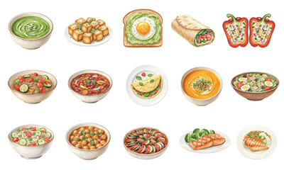 Hand-Drawn Watercolor Set of Healthy Vegetarian Meals