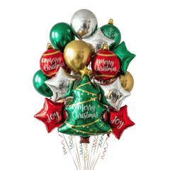 Christmas balloons isolated on white transparent background, PNG, bunch of balloons, colorful balloons