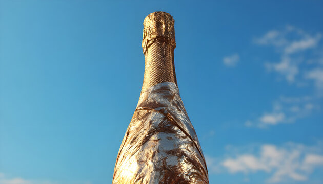 A champagne bottle wrapped in gold foil against a blue sky.
