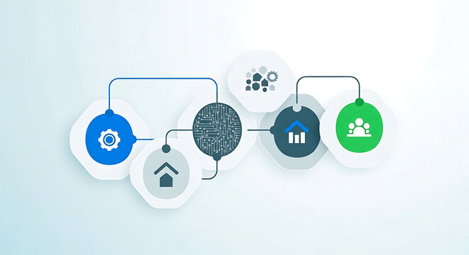 Hexagonal Workflow Diagram Representing Digital Collaboration and Data Analysis
