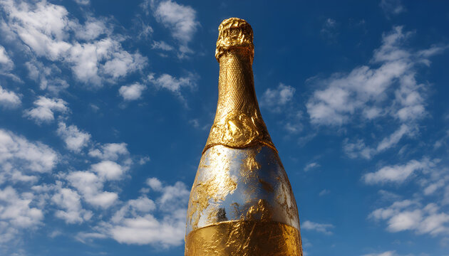 A champagne bottle wrapped in gold foil against a blue sky.