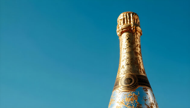 A champagne bottle wrapped in gold foil against a blue sky.