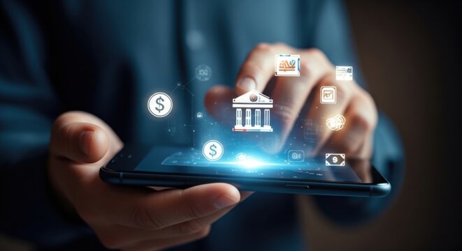 Mobile banking and digital finance concept: Hand interacting with glowing money and banking icons on a smartphone screen, showcasing online financial services.