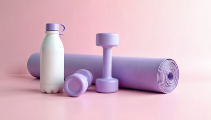 Fototapeta premium Sports equipment set for fitness training. Purple dumbbells, yoga mat, reusable water bottle on pink background for home workout. Training accessories for gym exercise, wellness, body care. Healthy