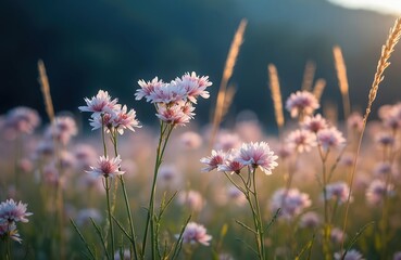 Obraz premium Field of soft pink cosmos flowers with tall grass stalks catches warm sunset light. Gentle breeze moves delicate petals, showing nature peacefulness, season change beauty.