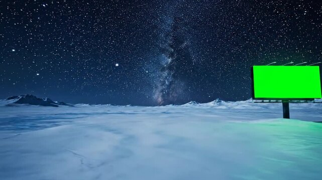 A green screen billboard stands alone in a vast snowy landscape under a starry night sky with the Milky Way visible