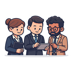 Diverse cartoon business team in suits collaborating on a digital tablet