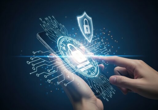 Cyber security concept on smartphone, human hand touching screen with digital lock and shield icon, data protection and privacy in mobile technology. - Powered by Adobe